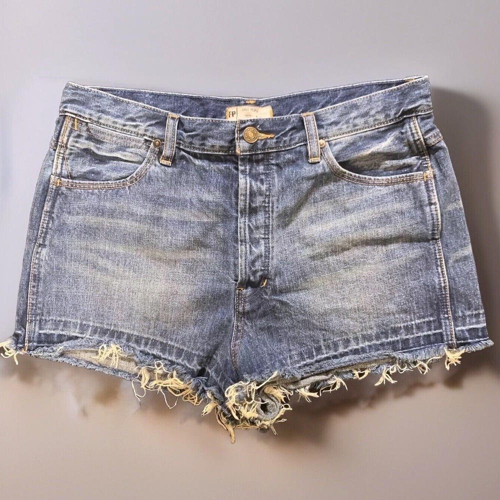 Free People Denim‎ Shorts Womens 31 High Rise Button Fly Frayed Hem Boho Cutoff